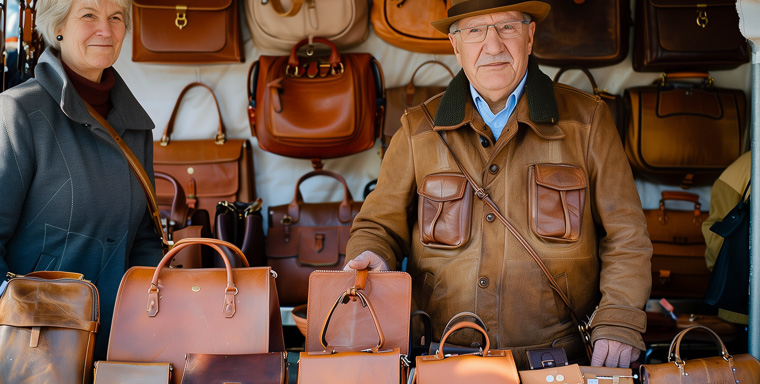 Leather dealer shows his bags