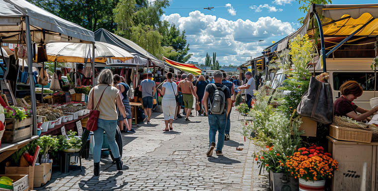 Romantic large flea market for fashion, food, bags, jewelry, antiques, everything at a bargain price, Many attractive visitors, young and old people at the flea market it's noon 12 o'clock, blue sky, many stalls are beautifully decorated